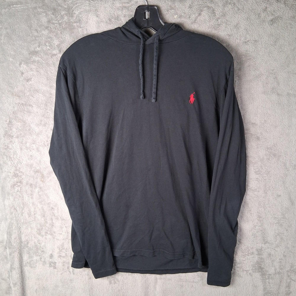 Polo Ralph Lauren Mens Black Long Sleeve Hooded T-Shirt Red Pony Logo Size M